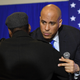 Cory Booker (D-NJ) (R) greets a person who asked a question during Booker’s ‘Conversation with Cory’ campaign event at the Nevada Partners Event Center on February 24, 2019 in North Las Vegas, Nevada. Booker is campaigning for the 2020 Democratic nomination for president.